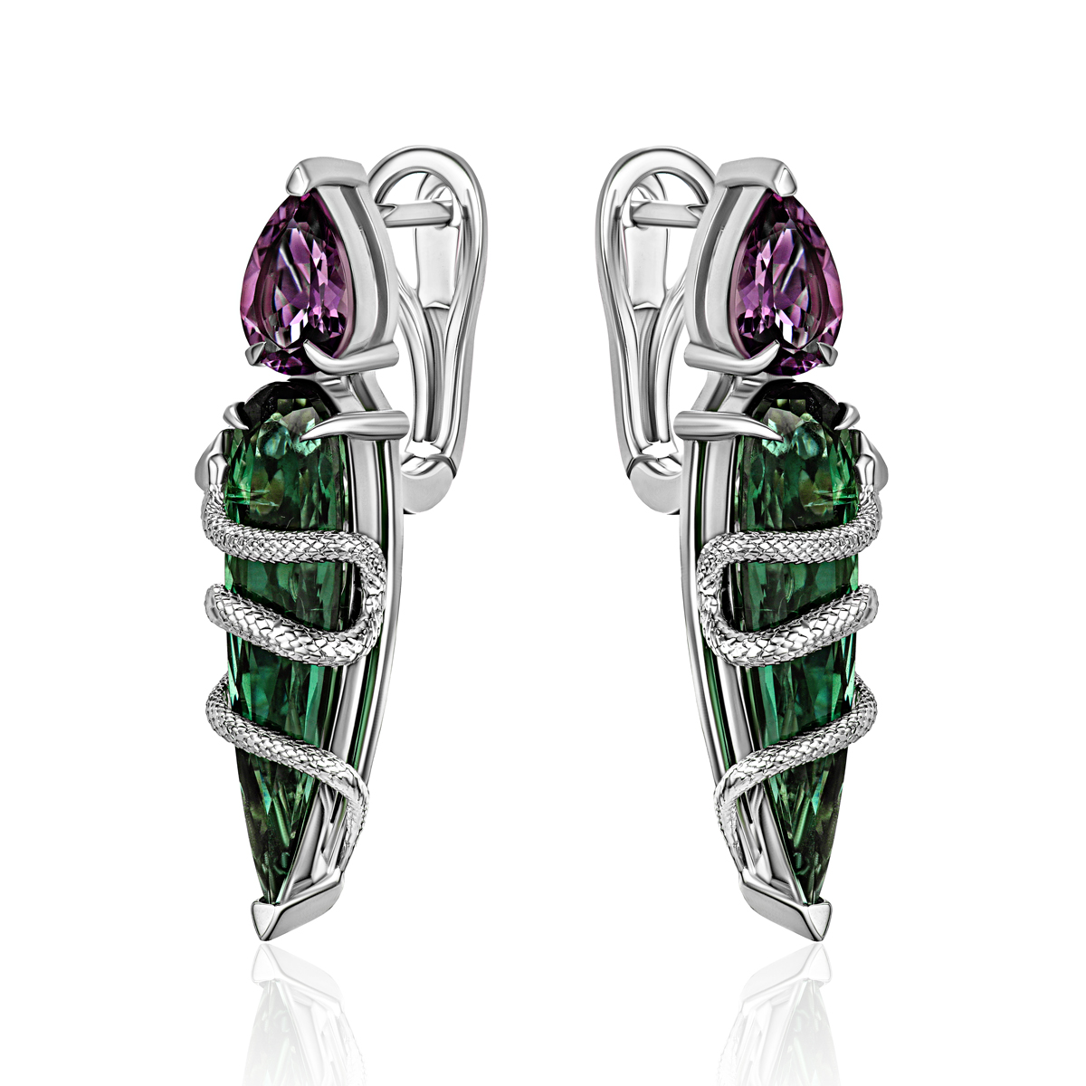 Серьги из белого золота с аметистами и турмалинами 585 пробы 01С3215964-1